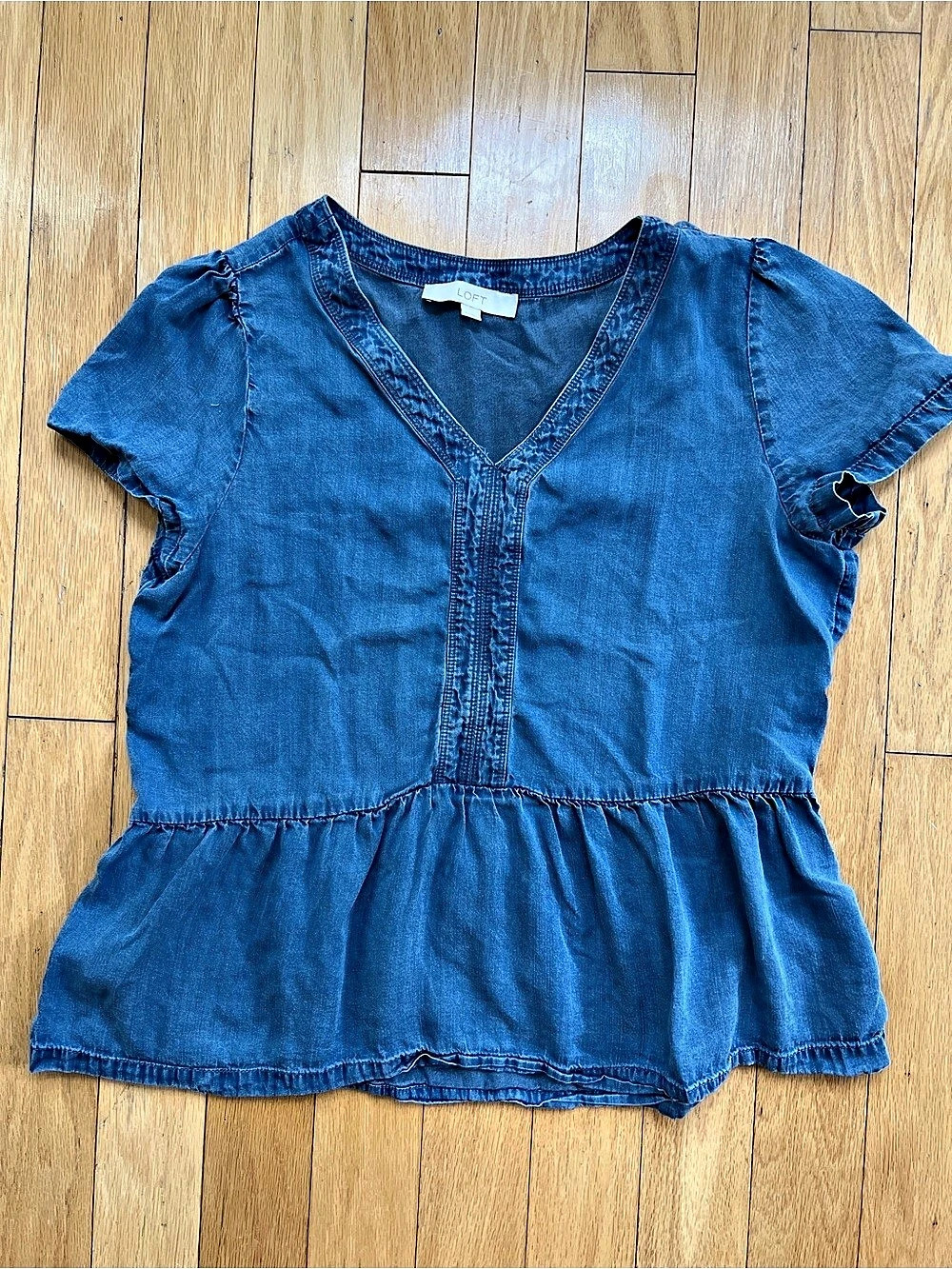 LOFT Denim Peplum V-Neck Top in Blue